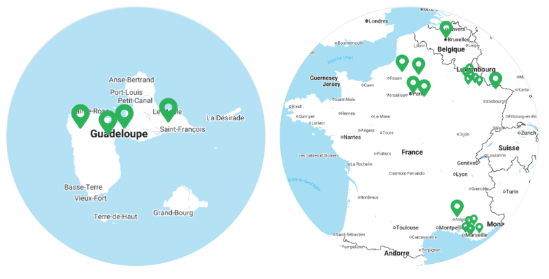 Carte montrant le sud de la France avec des marqueurs orange localisés près de Marseille, Toulon, et Saint-Tropez.